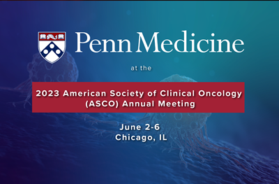 A digital image with a background of blue cells and a heading in white text that says 2023 American Society of Clinical Oncology Annual Meeting.